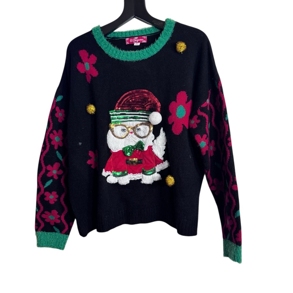 33 Degrees Festive Holiday Black Sweater with Santa Cat Design - Size XL